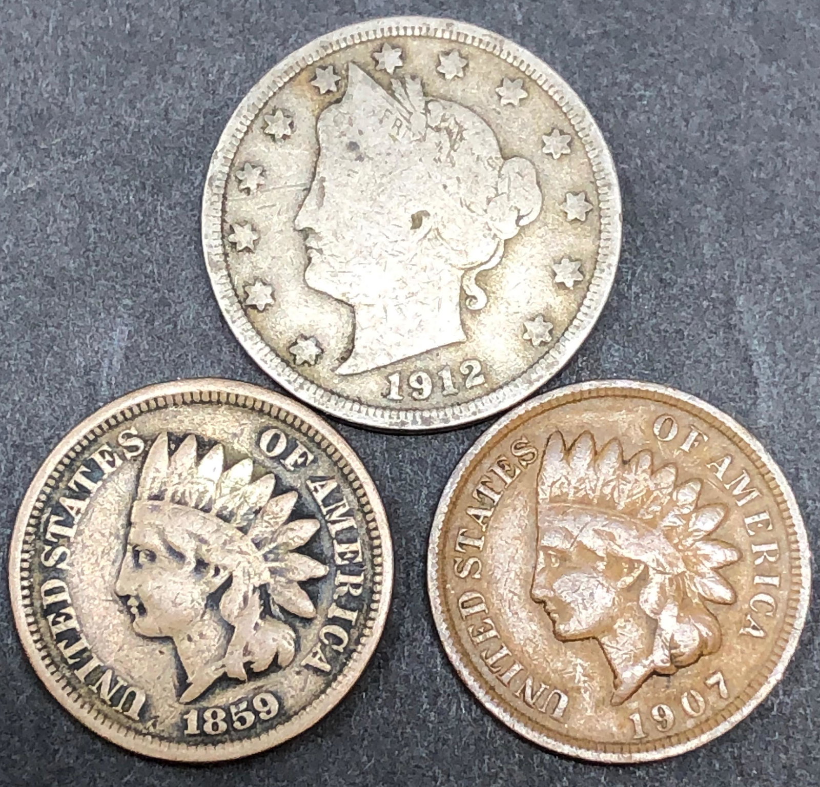 (3) 100 Year Old Plus US Coins 1859, 1907 1C 1912 5C (1 of 2)