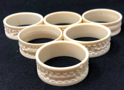 Antique BONE Silverware Napkin Holder Ring Set (6) #1: Antique BONE Silverware Napkin Holder Ring Set (6) #1. Ornately carved animal bone rings. Approximate measurements: 2 inches diameter each. Materials: Animal Bone.