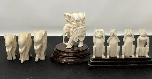 (8) Eight Carved BONE figurines: 8 Carved Bone Figurines. Approximate measurements: Varied up to 3 inches in height. Materials: Bronze.