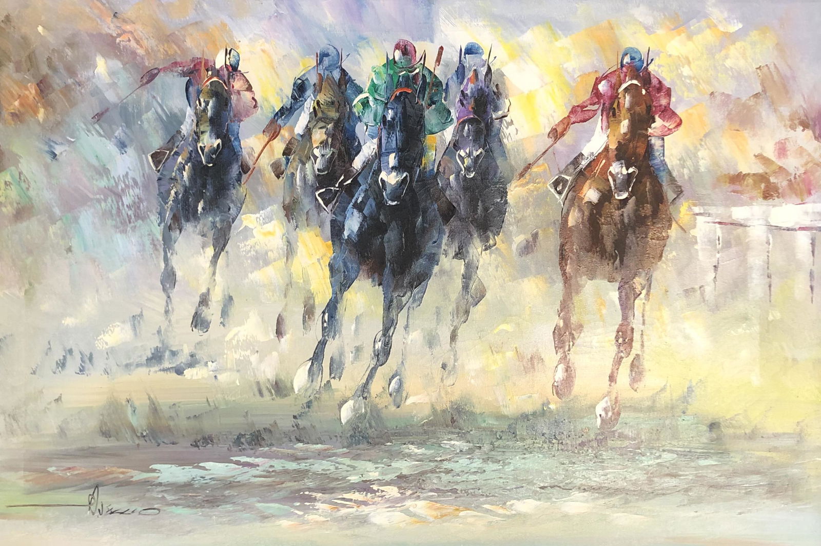 Horse track racing Oil painting/ Signature obscure (1 of 4)