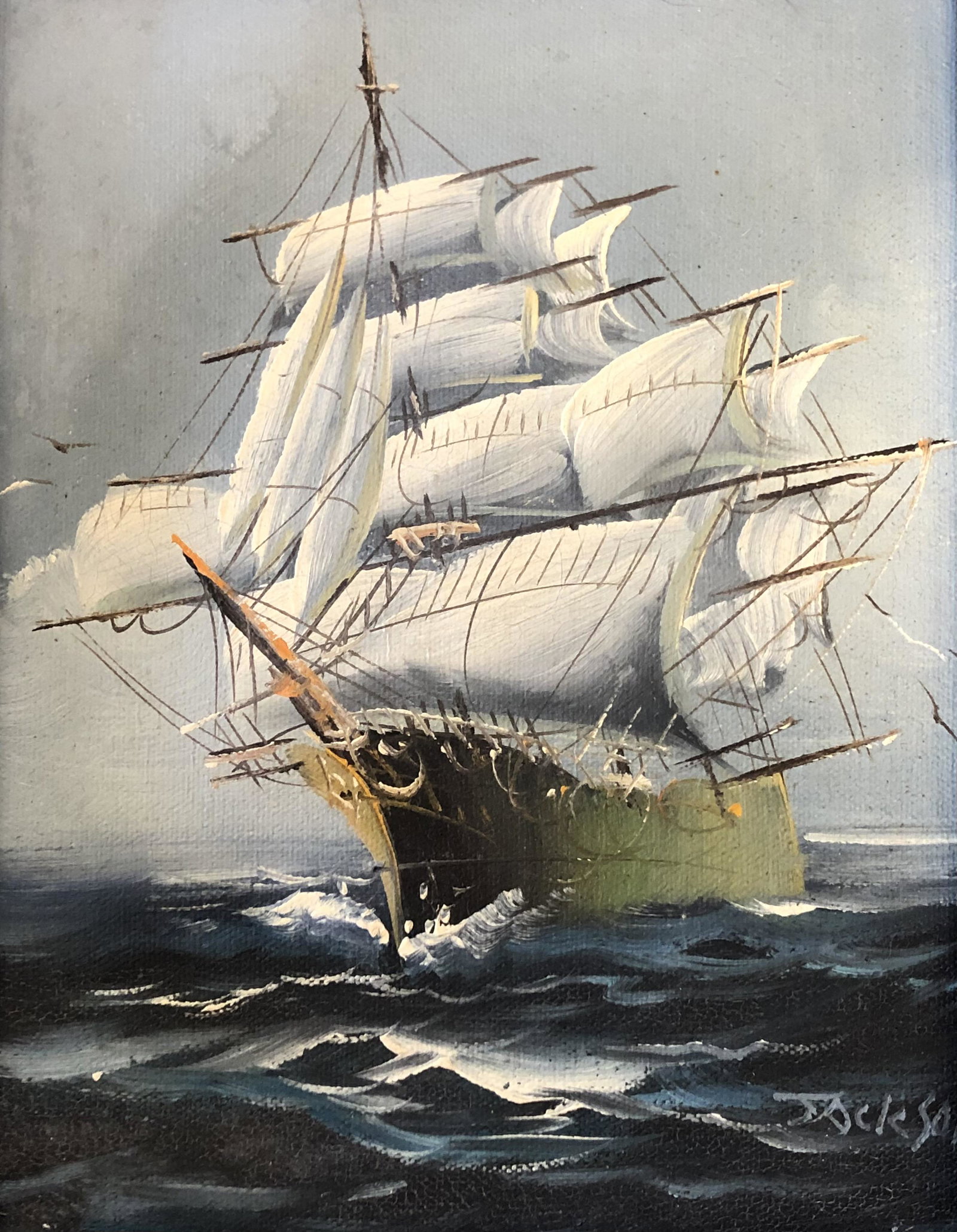 JACKSON Oil/Canvas TALL SHIP orig signed wood frame (1 of 4)