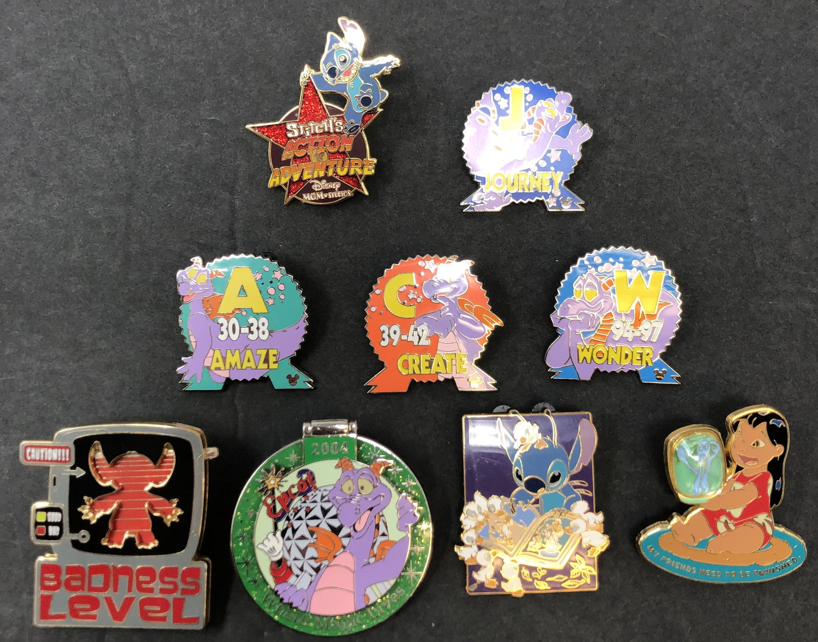(9) Wild DISNEY TRADING Collectible Pins Variety: (9) Wild DISNEY TRADING Collectible Pins Variety. Approximate measurements: Variable up to 1.5 inches. Materials: Metal, plastic, enamel.