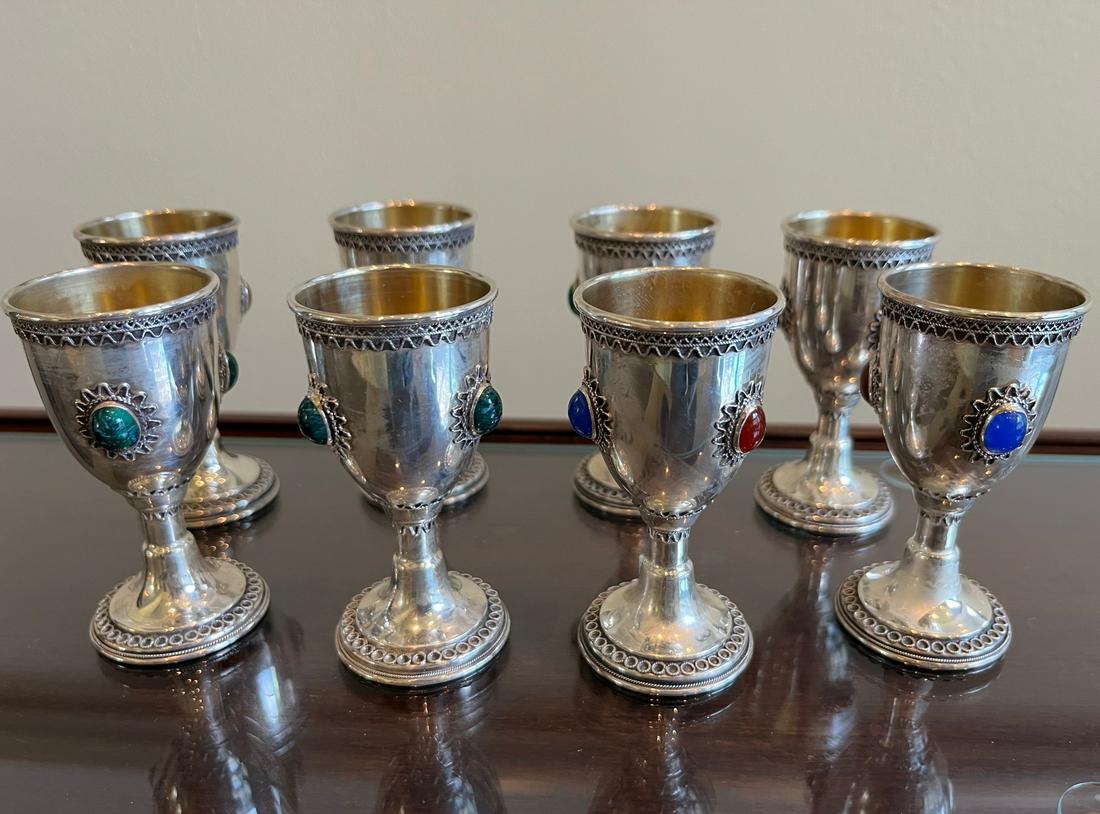 Eight sterling silver Kiddush cup variety semi-precious stones (1 of 2)