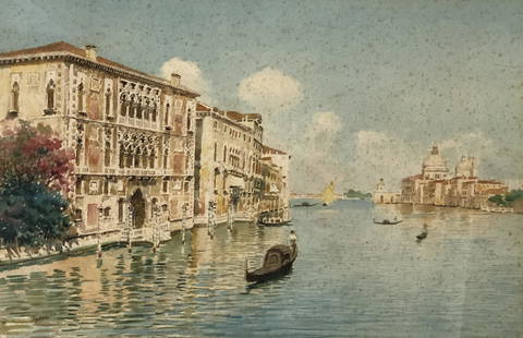 LANZA L Venice River Scene Watercolor: Description: LANZA L Venice River Scene Watercolor , signed bottom left. . Approximate measurements: 17 x 23 inches total in frame. 16.5 x 11 art image area, Materials: paper, wood, glass. This