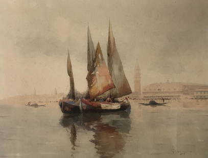 Signed obscured Fishing Boats Watercolor: Description: Signed obscured Fishing Boats Watercolor , signed bottom right artist obscured. Approximate measurements: 19 x 15.75 inches total in frame, 13 x 10 inches art image area. Materials: