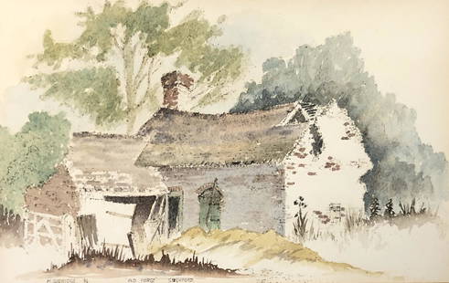 M GODRIDGE '84 OLD FORGE SEGHFORD Watercolor: Description: M GODRIDGE '84 OLD FORGE SEGHFORD Watercolor, signed bottom left. . Approximate measurements: 18 x 14 inches total in frame, 12 x 7.5 inches art image area. Materials: paper, wood,