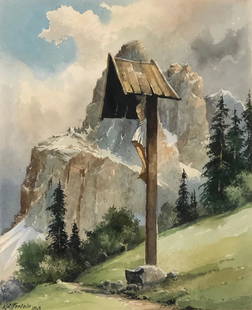 K FORLEIN Watercolor depicting Crucifiction: Description: K FORLEIN Watercolor depicting Crucifiction , signed by artist bottom left, penciled notations below art image area. Approximate measurements: 15 x 18 inches total in frame, 9 x 11.5