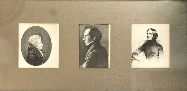 (3) Antique Photo Prints Mozart, Mendelssohn, Liszt in frame: Description: (3) Antique Photo Prints Mozart, Mendelssohn, Liszt in frame. Approximate measurements: 21.5 x 12 inches total in frame. Materials: paper, board, wood, glass. This item has a reserve
