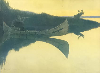 Vintage FREDERIC REMINGTON Print Moose Stream Canoe Hunt: Description: Vintage FREDERIC REMINGTON Print Moose Stream Canoe Hunt. Approximate measurements: 24 x 19.75 inches total in frame, 13.5 x 10 inches art image area. Materials: paper, wood, glass.,