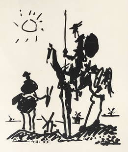 PICASSO Don Quixote Lithograph 10 - 8 - 55: Description: PICASSO Don Quixote Lithograph 10 - 8 - 55 . Approximate measurements: 22.75 x 27.25 inches total in frame, 18 x 23 inches art image area. Materials: paper, wood, glass. This item has