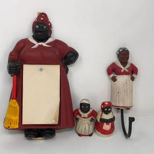 Vintage 4 pc Folk Art Kitchen Maid Theme Cast Iron Set: Description: Vintage 4 pc Folk Art Kitchen Maid Theme Cast Iron Set , large wall hanging/ grocery list notepad trivet depicting maid with broom handle pencil slot, dish towel trivet and two