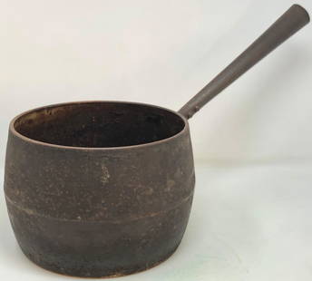Antique Early American Cast Iron Stovetop Pot / formed handle: Description: Antique Early American Cast Iron Stovetop Pot / formed handle . Approximate measurements: 12 inches H from bottom to top of handle. 10 inches total length handle, 7 inches height tot to