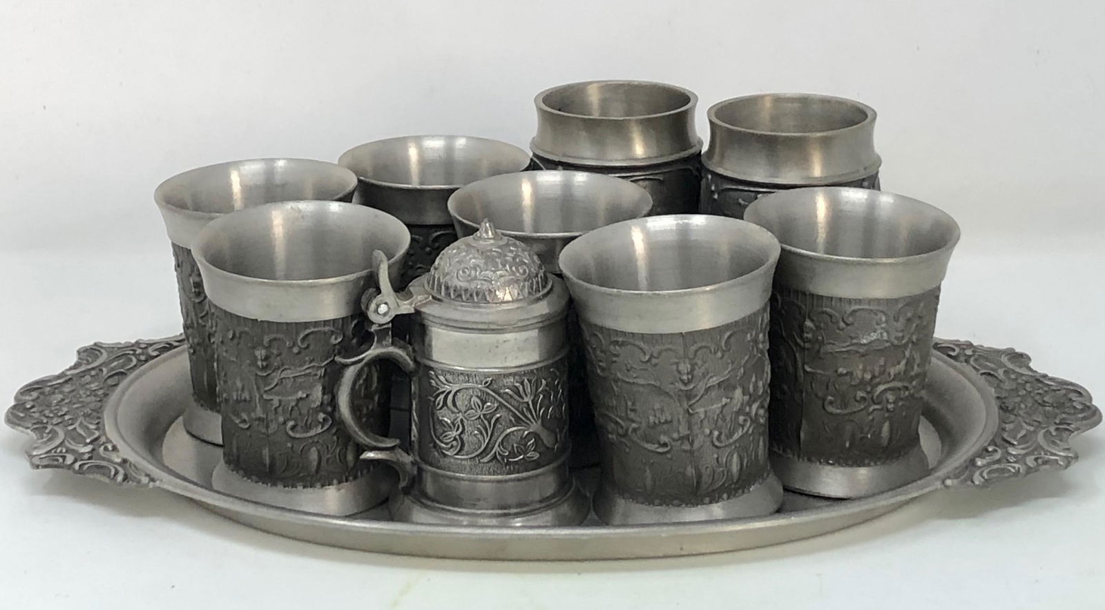 (10 pcs) REINER ZINN Pewter Tray-6 shot glasses, MiniMug, 2 MiniCups (1 of 11)