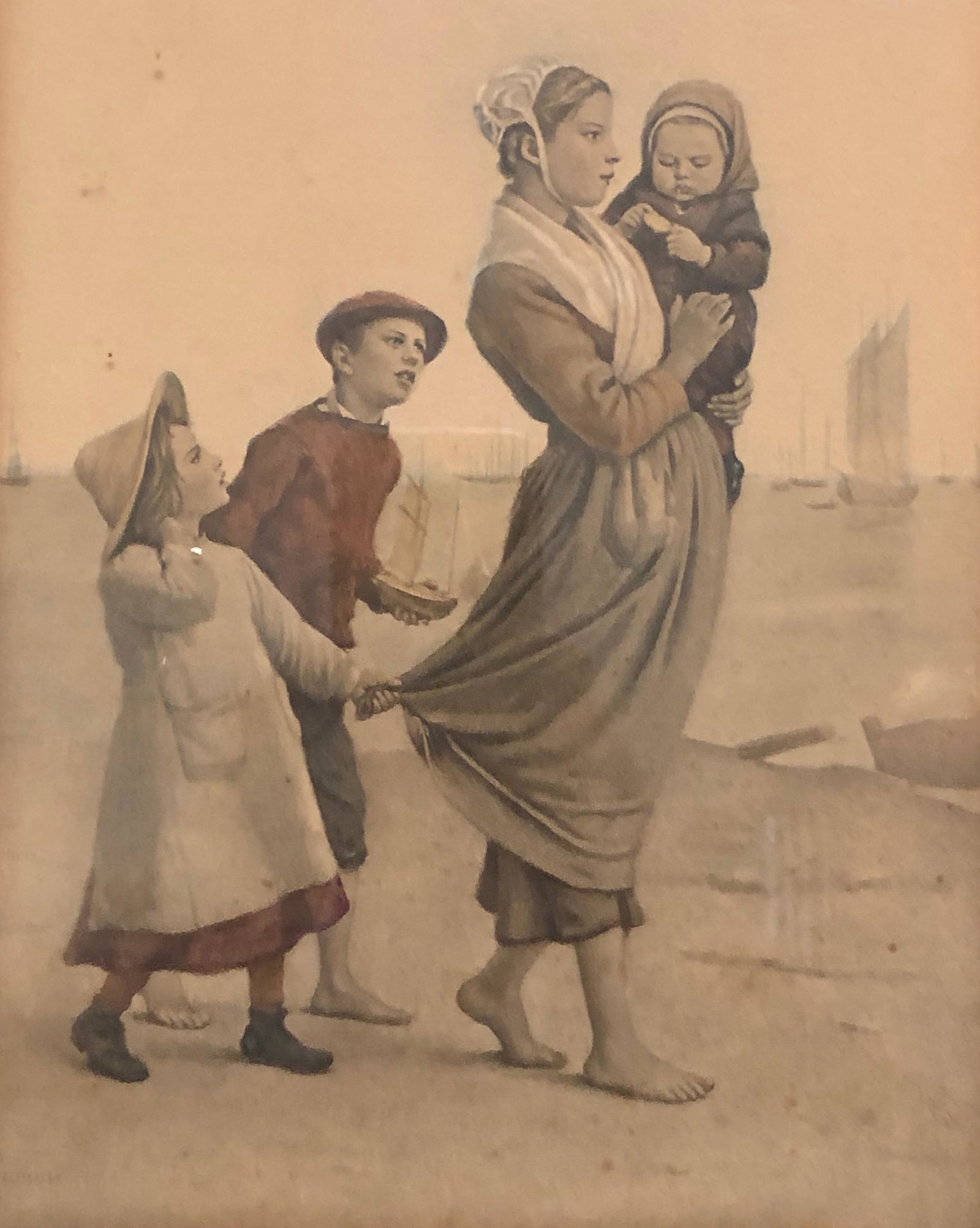 JAQUES EUGENE FEYEN WATERCOLOR PAINTING - Beach Scene framed glass (1 of 4)