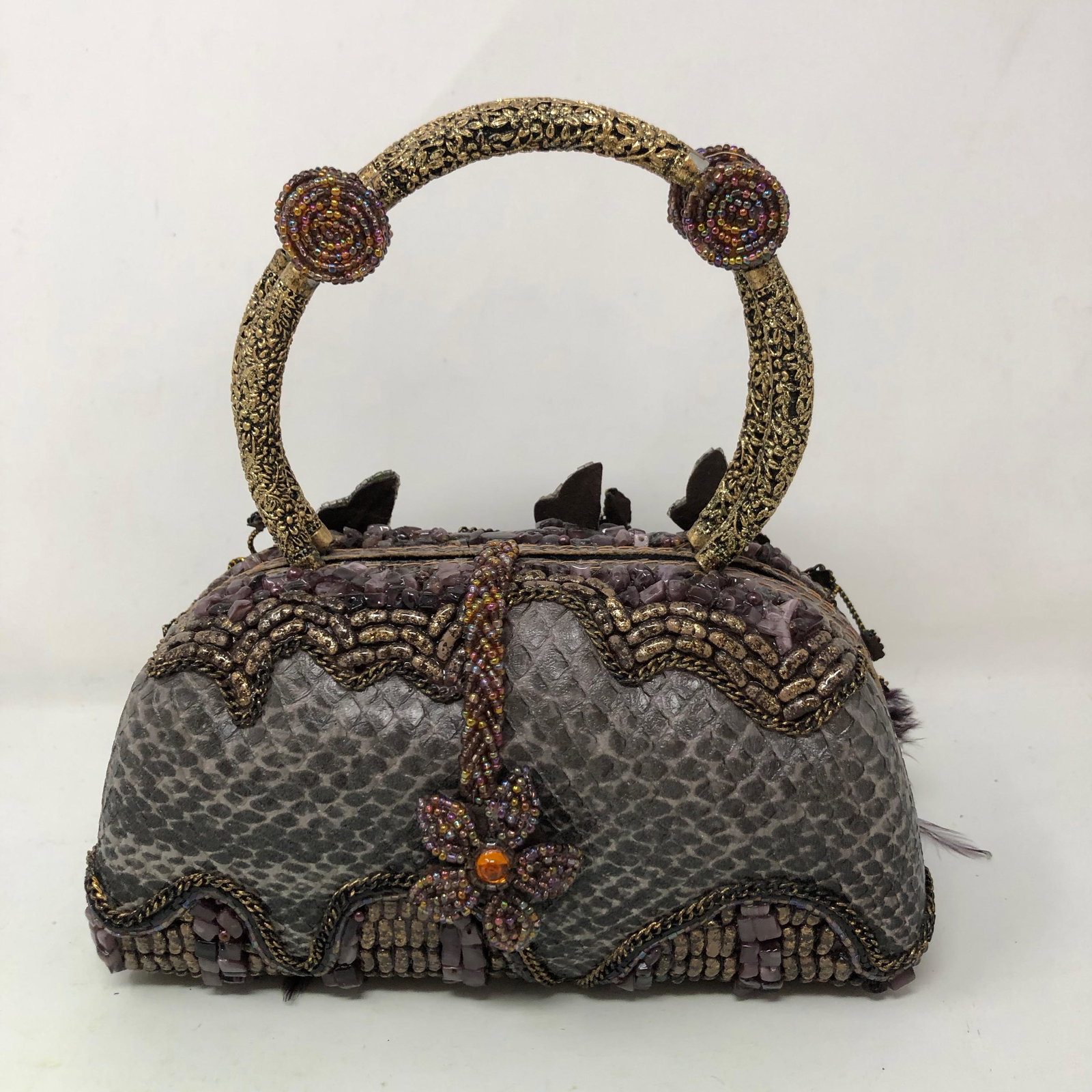 MARY FRANCES Python Leather Beads Feather Bag (1 of 4)