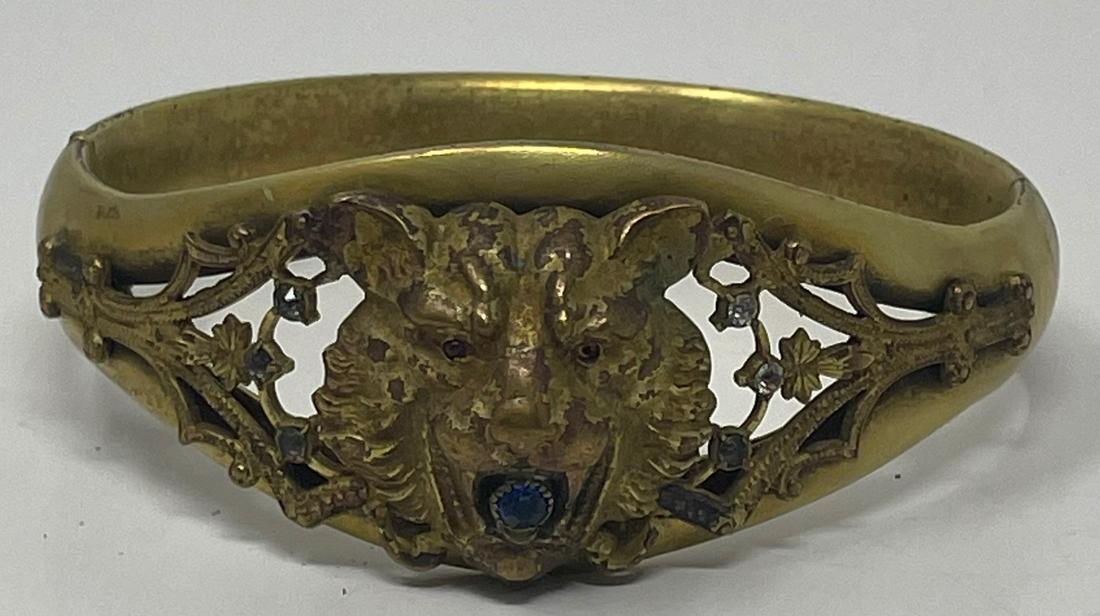 Circa 1930s Gilt/ Brass Lion face Bracelet/ Blue topaz, Rhinestones (1 of 5)