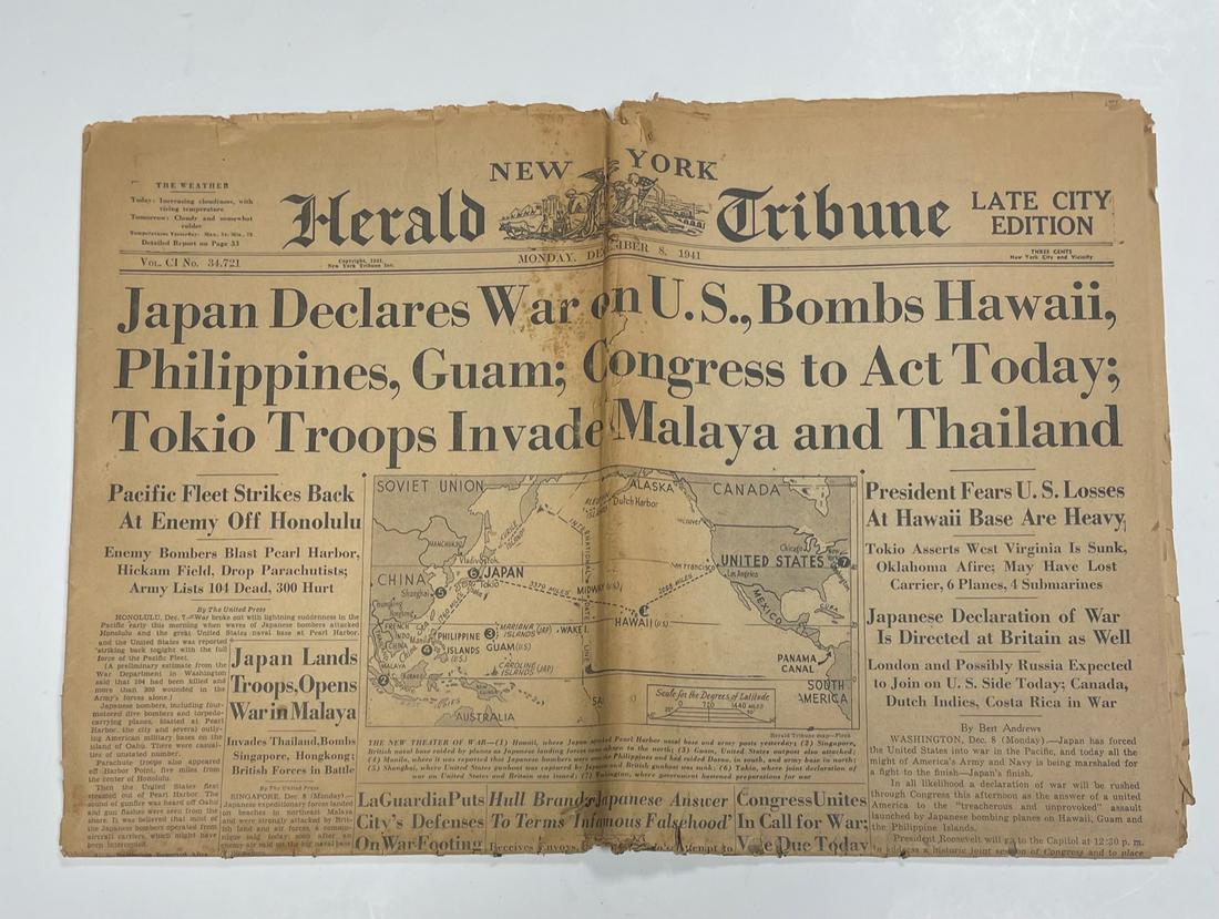 NEW YORK HERALD TRIBUNE/ JAPAN DECLARES WAR ON US BOMBS HAWAII 1945 (1 of 3)