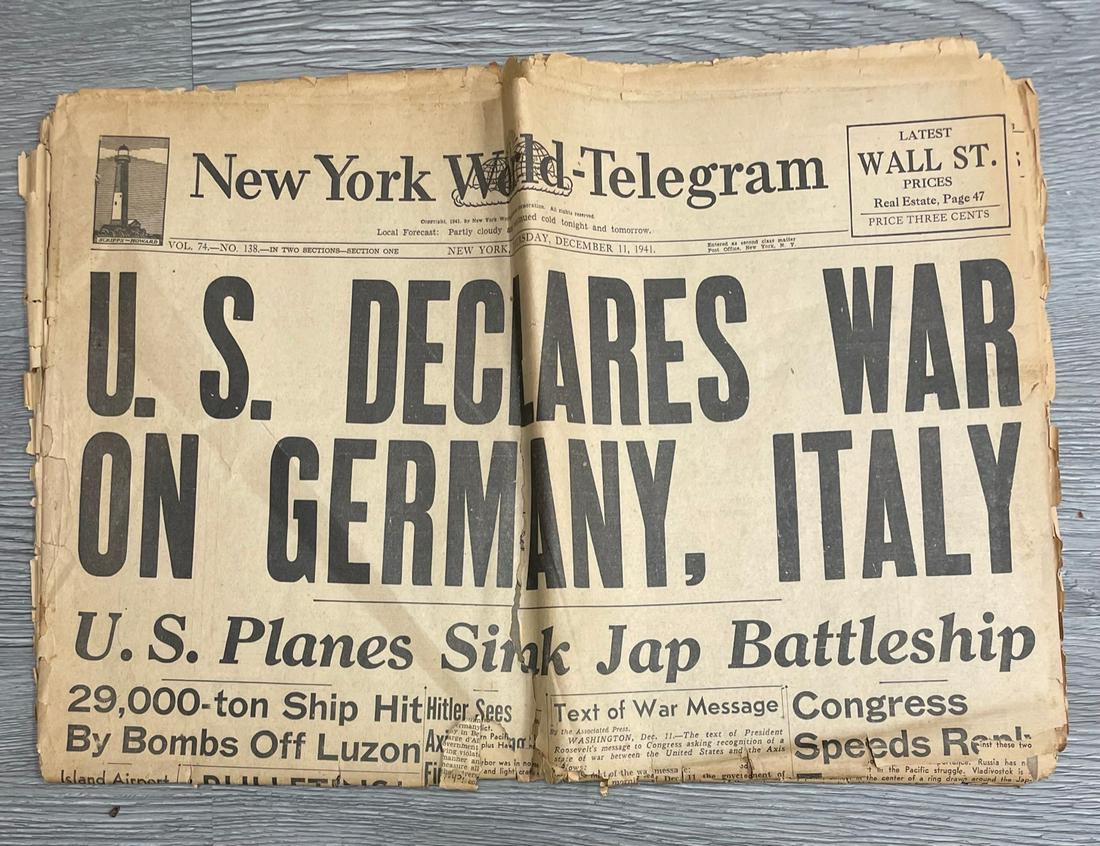New York World Telegram: December 1941/ US Declares War on Germany & Italy. (1 of 3)