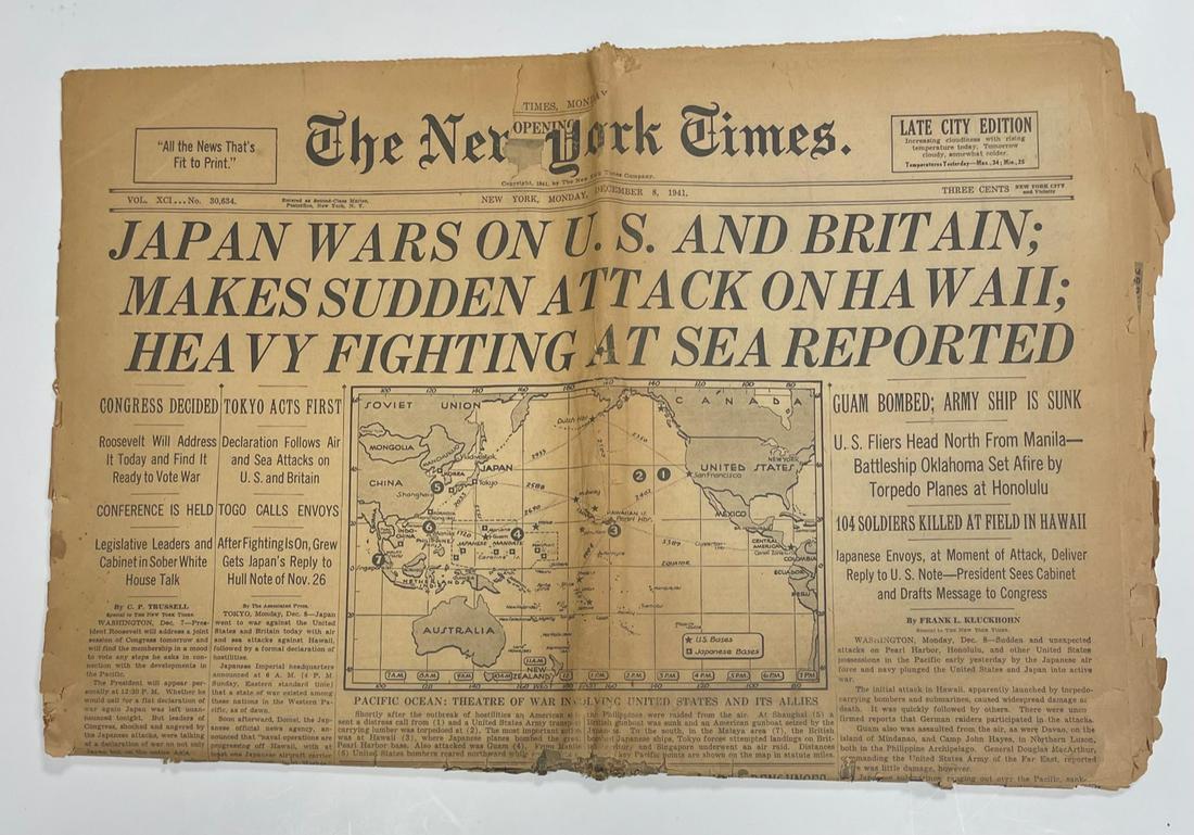 THE NEW YORK TIMES/DECEMBER 8TH 1941/ JAPAN WARS ON U.S AND BRITAIN (1 of 5)