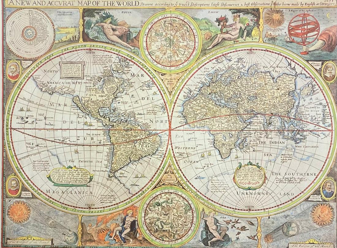 John Speed (1552 â€“ 1629) A new and Accvrat Map of the world 1651 (1 of 4)