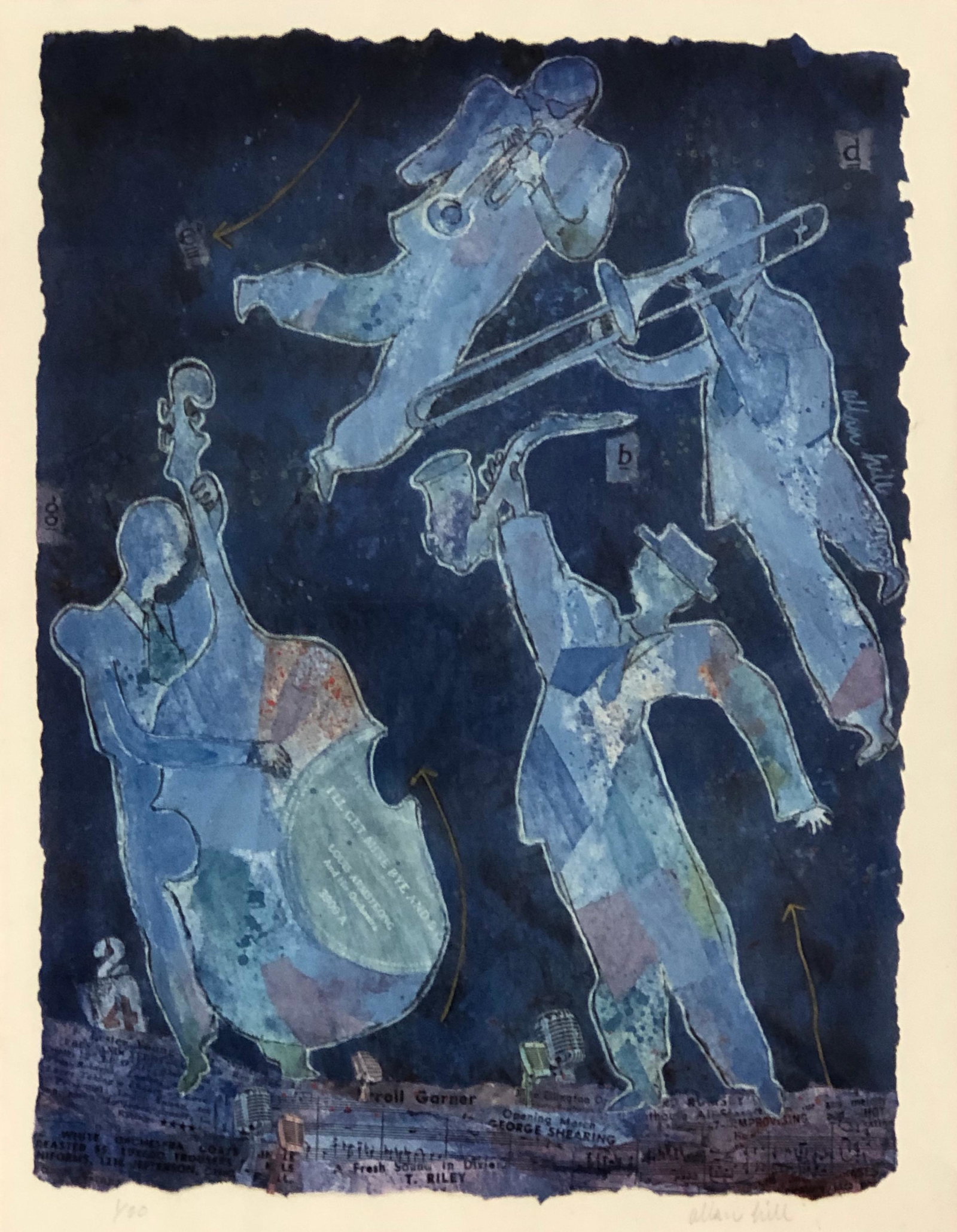 ALLAN HILL Jazz Musicians Silhouette No 1/30 pencil signed: Description: ALLAN HILL Jazz Musicians Silhouette No 1/30 pencil signed , numbered 1/30 lcoor print pencil signed Approximate measurements: 15 x 19 inches total in frame, 8.5 x 11 inches art image are