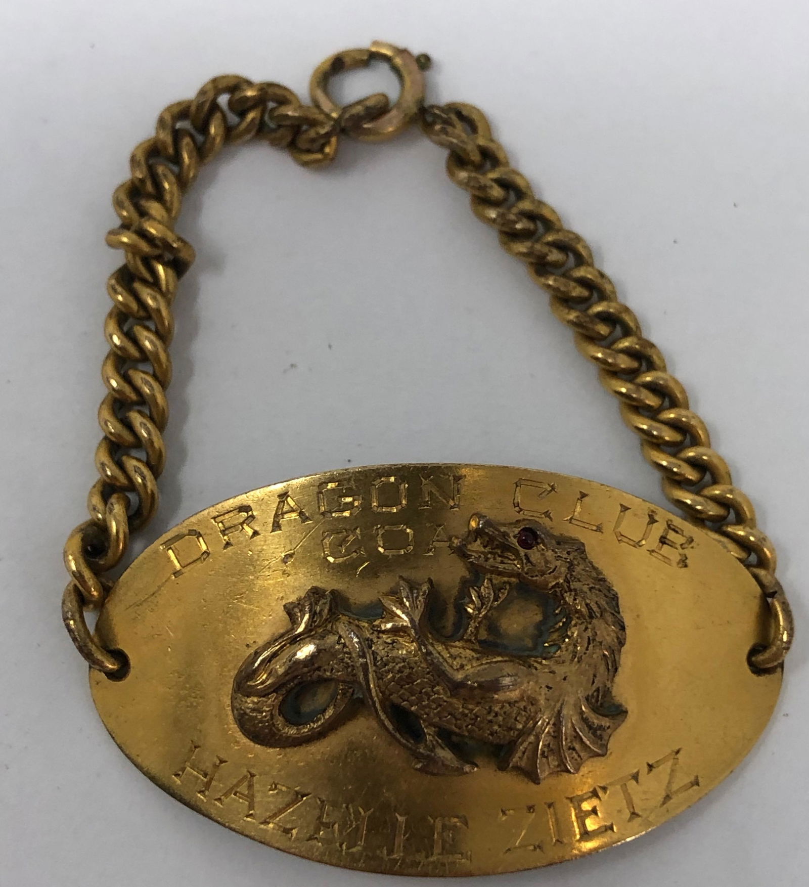 Vintage DRAGON CLUB gold chain clasp Bracelet Ruby eye enscribed formerly owned by champion women's (1 of 2)