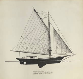 H.C ADAMSON 1973 Oyster Sloop Modesty from the lines of the 19th Century Oyster Sloop: Description: H.C ADAMSON 1973 Oyster Sloop â€œModesty” from the lines of the 19th Century Oyster SloopMedium: Paper Measurement approximate: 18 x 19 Frame/ 17 x 18 Image (Inches).