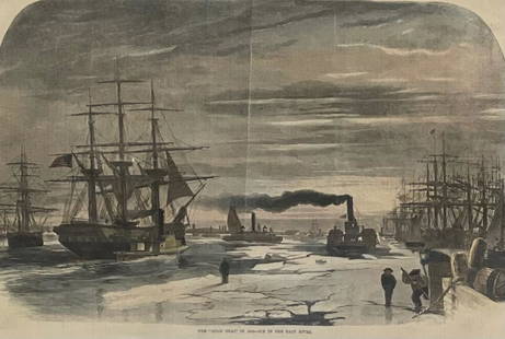 Harpers Weekly 1862 print/ THE COLD SNAP IN 1862: Description: Harpers Weekly 1862 print/ THE COLD SNAP IN 1862 â€“ ICE IN THE EAST RIVER. Medium: Paper Measurement approximate: 17 x 22 Frame/ 16 x 21 Image (Inches).