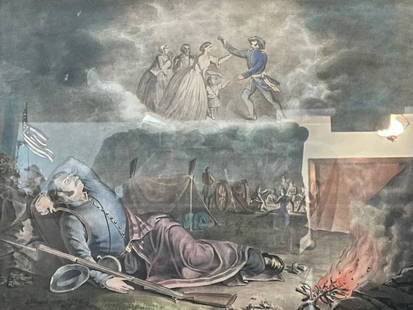 CURRIER AND IVES/ SOLDIERS DREAM HOME LITHOGRAPH: Description: CURRIER AND IVES/ SOLDIERS DREAM HOME LITHOGRAPHMedium: Lithograph paperMeasurement approximate: 27 X 22.5 Image (inches)