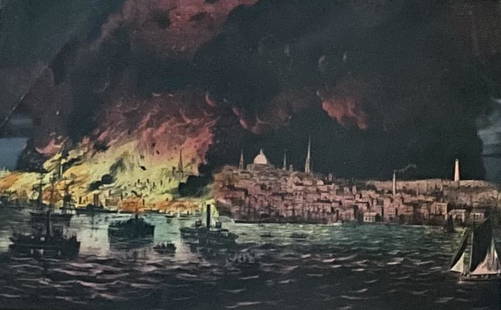 CURRIER AND IVES/ THE BOSTON FIRE LITHOGRAPH: Description: CURRIER AND IVES/ THE BOSTON FIRE LITHOGRAPHMedium: Lithograph paperMeasurement approximate: 19 X 15 Image (Inches)