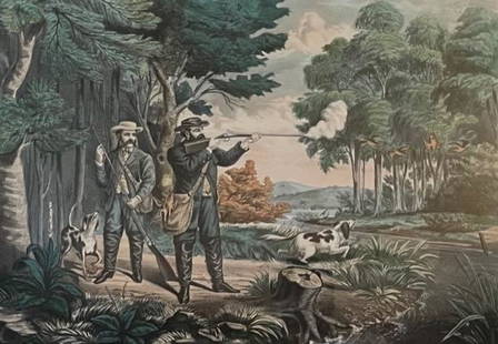 CURRIER AND IVES/ AMERICAN SPORTING SCENE LITHOGRAPH: Description: CURRIER AND IVES/ AMERICAN SPORTING SCENE (SNIPE SHOOTING) LITHOGRAPHMedium: Lithograph paperMeasurement approximate: 29 X 23 Image (Inches)