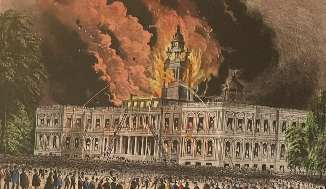 CURRIER AND IVES / BURNING OF THE CITY HALL/ LITHOGRAPH (1 of 7)
