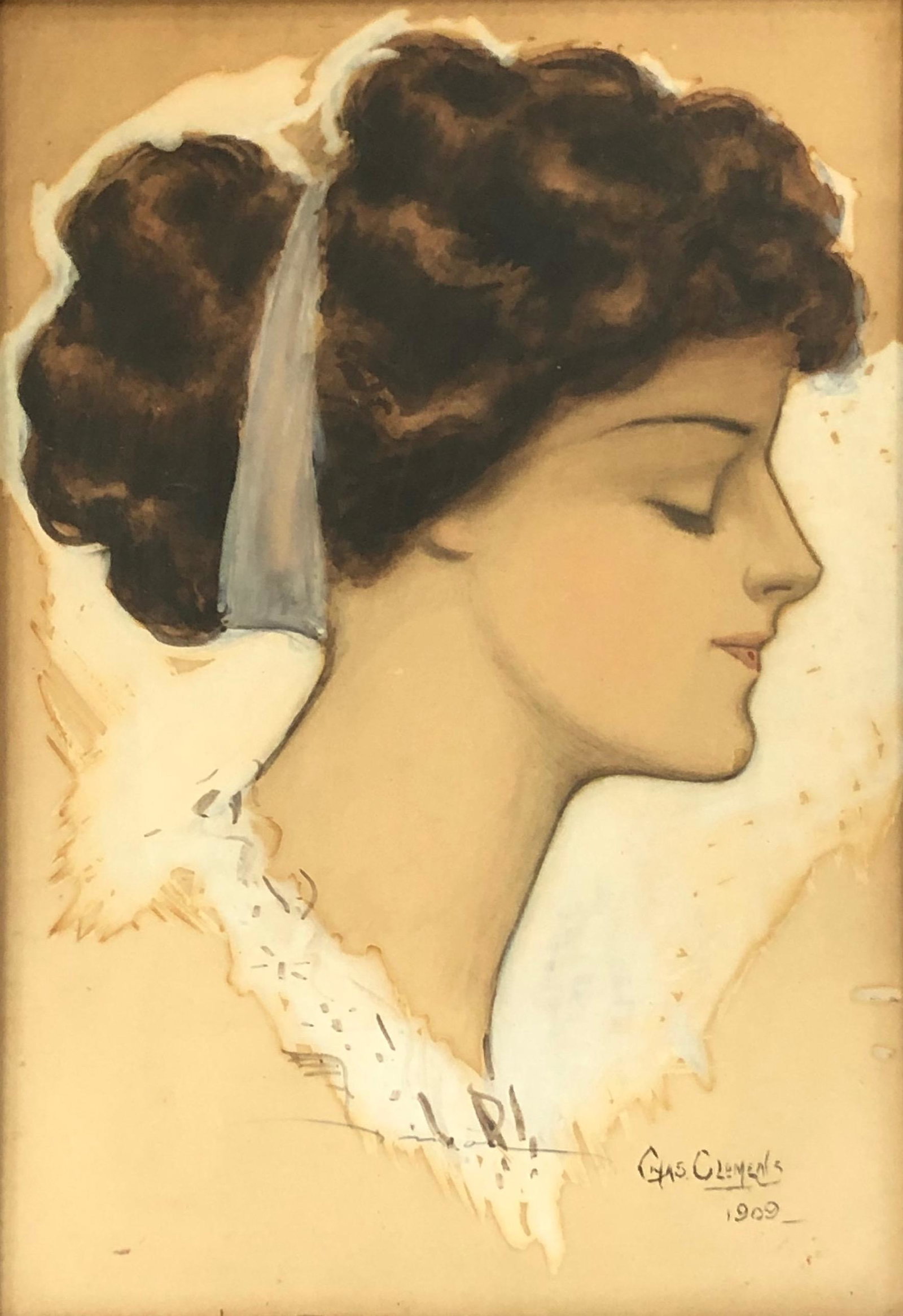 Original Gibson Girl Watercolor Portrait Painting/ C Clemens 1909: Signed Original Vintage Gibson Girl Watercolor portrait Painting By C Clemens 1909. Measurement approximate: 22 x 17 Material: Paper/ wood frame. This item has a reserve price.