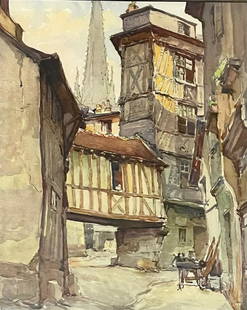 Ethel Mars (1876 - 1950) Watercolor Painting (Rouen Vielle Impasse): Description: Ethel Mars (1876 - 1950) Watercolor Painting (Rouen Vielle Impasse).Measurement approximate: 21 x 17 Frame/ 20 x 16 Image (Inches)Material: Watercolor