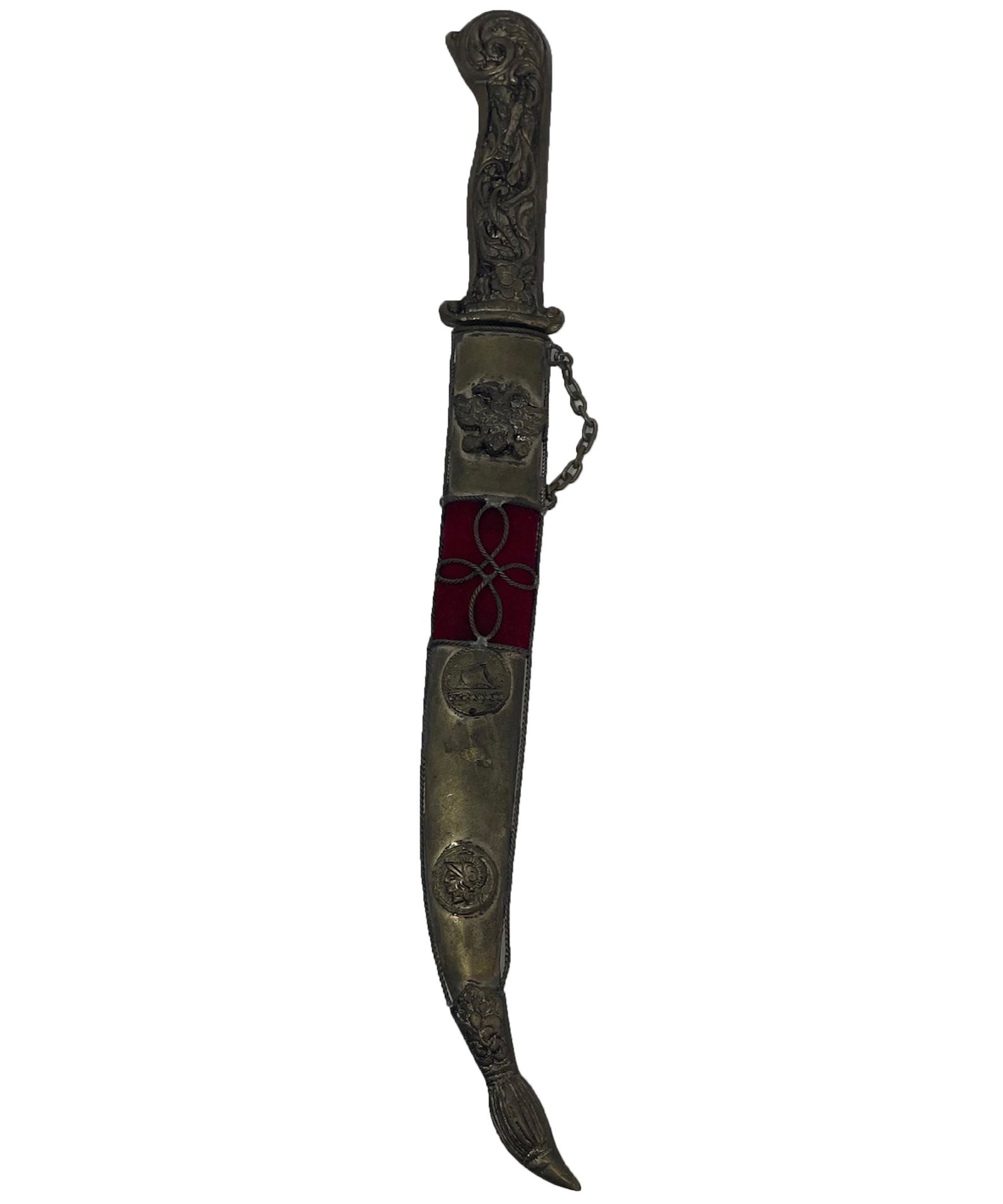 Middle Eastern - with emblem and curved tip: Description: Middle Eastern - with emblem and curved tip; Materials: Metal, wood; Measurements: 12 1/2”