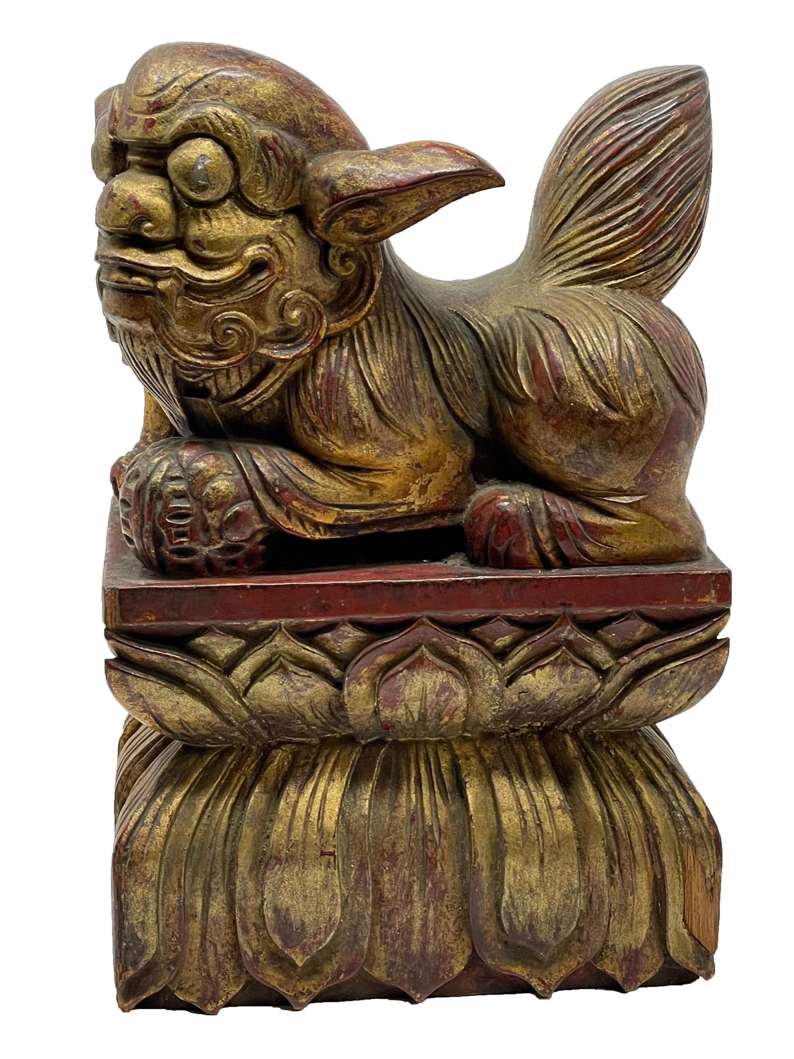 Vintage Chinese Wood Carved Gilt Guardian Lion Foo Dog Figurine (1 of 5)