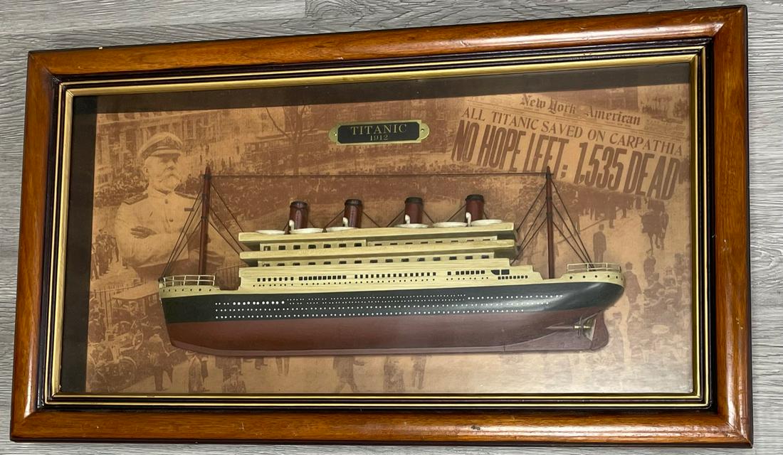Framed Titanic Boat Model: Description: Framed Titanic Boat ModelMeasurement approximate: 23 x 13 (Inches)Material: Wood / Glass