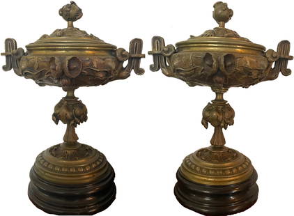 Pair Antique 19th century neoclassical bronze lidded urns: Description: Pair Antique 19th century neoclassical bronze lidded urns. Measurement approximate: Female sculpture 10 x 7” Material: Bronze