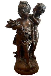 August Moreau Two cherub bronze sculpture: Description: August Moreau Two cherub bronze sculpture. Measurement approximate: 21 x 9” Material: Bronze