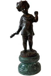 Antique Bronze boy sculpture on a marble stand: Description: Antique Bronze boy sculpture on a marble stand. Measurement approximate: 11” H with stand / Stand 3â€™ HMaterial: Bronze