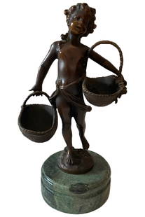 Sussane Bizard Child with Basket Bronze sculpture: Description: Sussane Bizard Child with Basket Bronze sculpture. Measurement approximate: 11” Material: Bronze