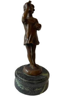 Susanne Bizard (1873 - 1963) bronze sculpture/ marble stand: Description: Susanne Bizard (1873 - 1963) Girl with bubbles bronze sculpture on a stand Measurement approximate: 11 H” with stand / stand 2” H Material: Bronze