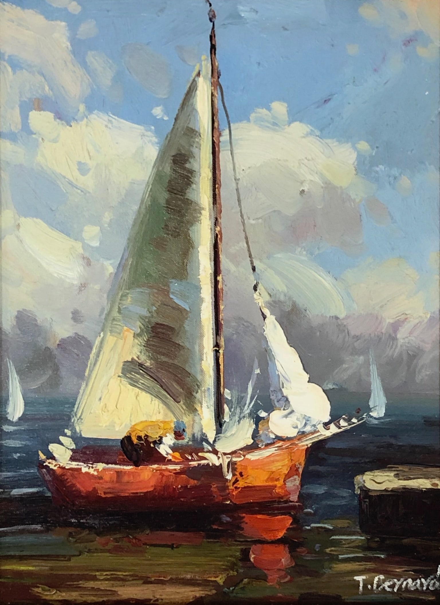 T Beynard oil painting on canvas/ Sail boat scene: Description: T Beynard oil painting on canvas depicting sail boat sceneMeasurement approximate: Frame: 23 x 19/ Image: 18 x 14” InchesMaterial: Framed oil on canvas