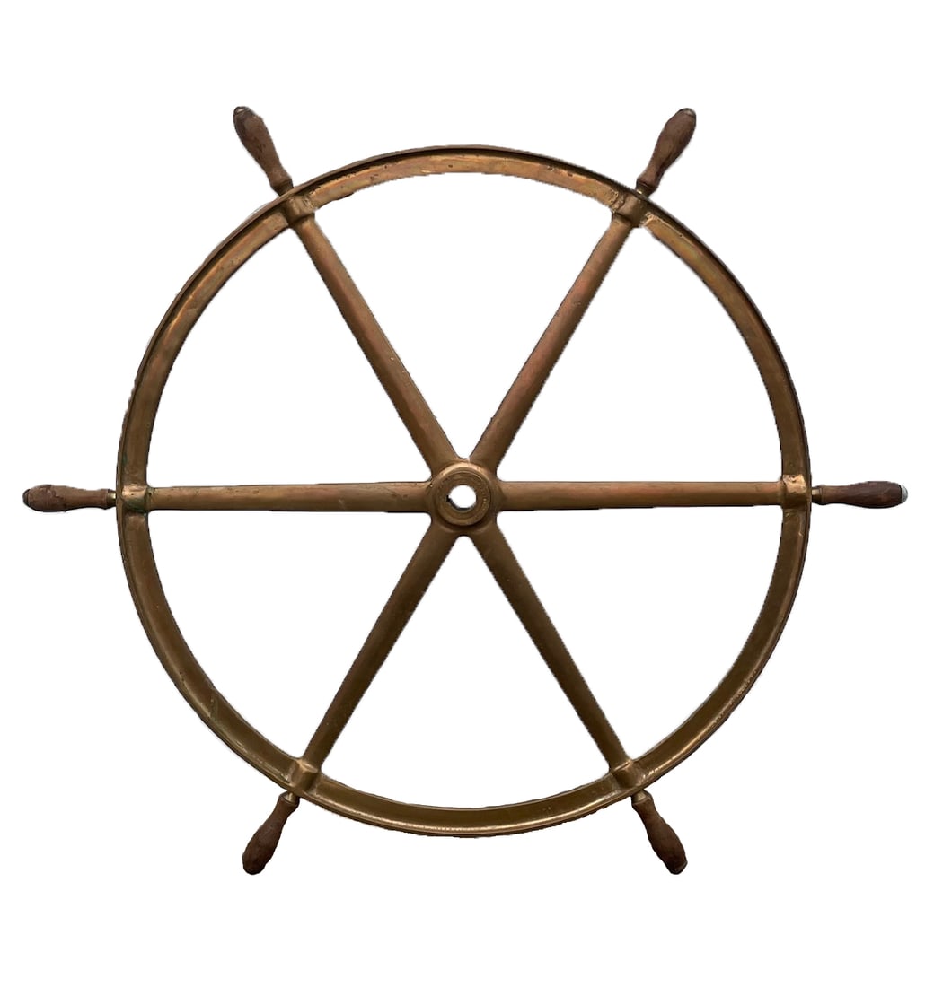 Large antique Nautical Steering Wheel/ Heavy/ Serial No.: Description: Large antique Nautical Steering Wheel / Heavy/ Serial No. (See images). Measurement approximate: 48 W / 38 W without handle. Inches Material: Brass