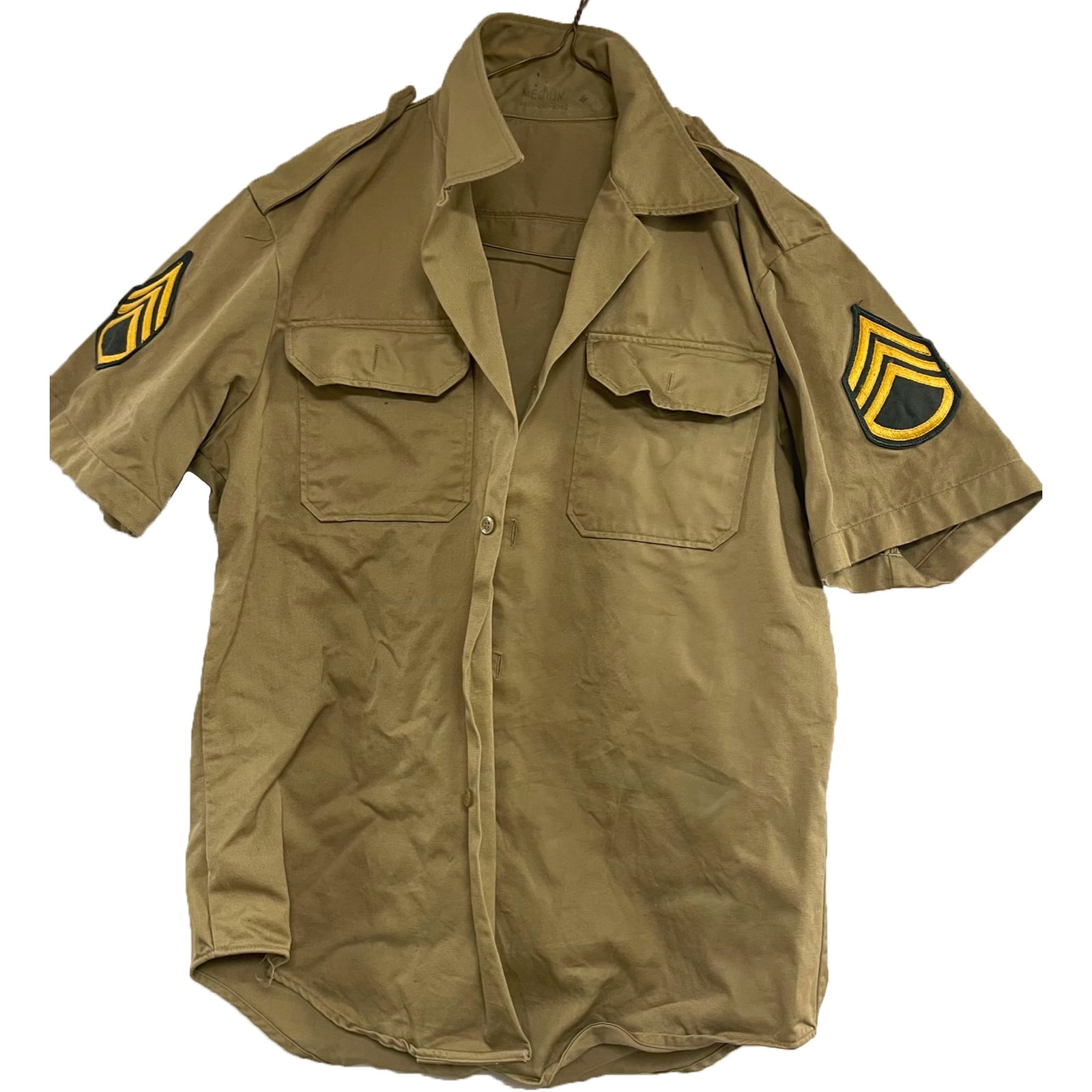 VINTAGE WW11 US ARMY SHORT SLEEVE KHAKI SHIRT WITH PATCH/ FIRST SERGEANT (1 of 5)