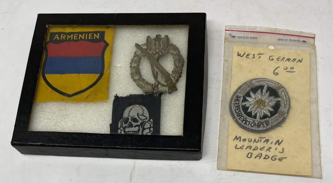 W. GERMAN WWII MOUNTAIN LEADERS BADGE / ARMENIEN BADGE/ PIN / WAFFEN SS TOTENKOPF SKULL CLOTH: Description: W. GERMAN WWII MOUNTAIN LEADERS BADGE / ARMENIEN BADGE/ PIN / WAFFEN SS TOTENKOPF SKULL CLOTH INSIGNIA