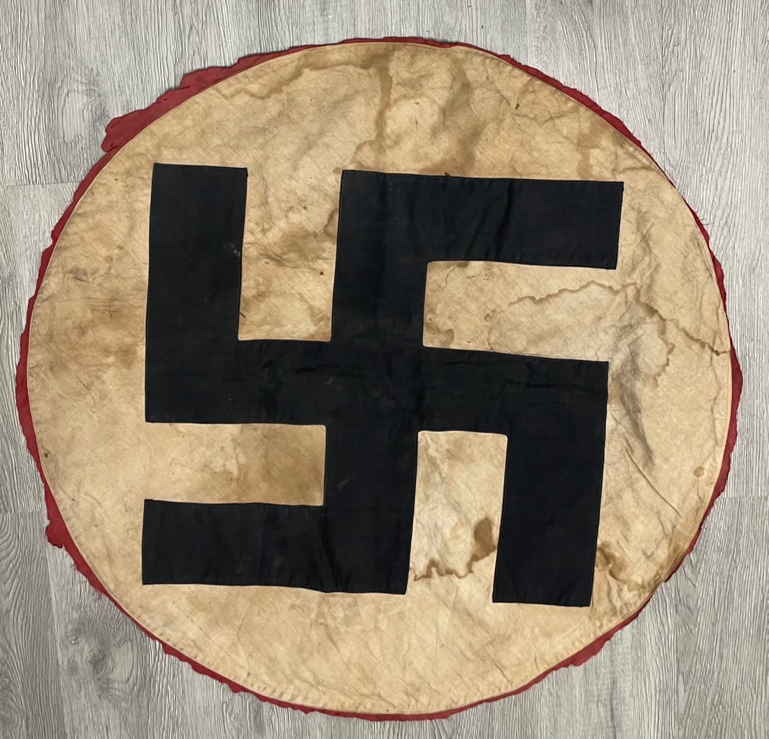Part of ORIGINAL GERMAN SS NAZI WWII NATIONAL FLAG: Description: Part of ORIGINAL GERMAN SS NAZI WWII NATIONAL FLAG. Measurement approximate: 32 x 32 Inches. Material: Fabric.