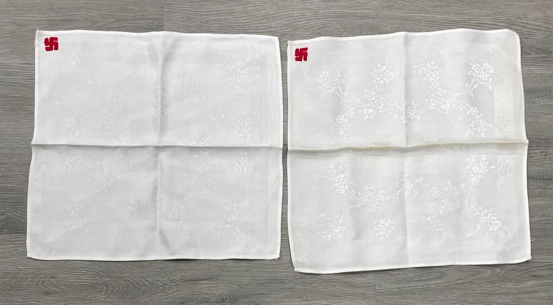 Two WWII GERMAN NAZI Napkin TABLE CLOTH WITH SWASTIKA: Description: Two WWII GERMAN NAZI Napkin TABLE CLOTH WITH SWASTIKA. Measurement approximate: 16 x 16 Inches. Material: Fabric.