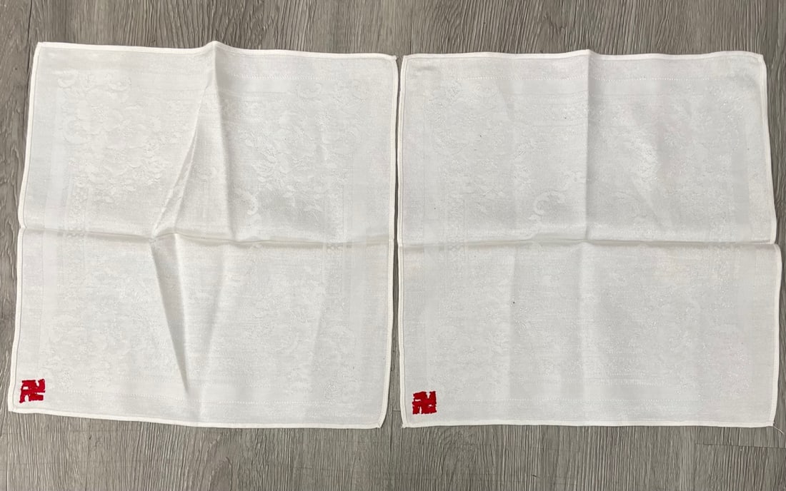 Two WWII GERMAN NAZI Napkin TABLE CLOTH WITH SWASTIKA: Description: Two WWII GERMAN NAZI Napkin TABLE CLOTH WITH SWASTIKA. Measurement approximate: 14 x 14 Inches. Material: Fabric.