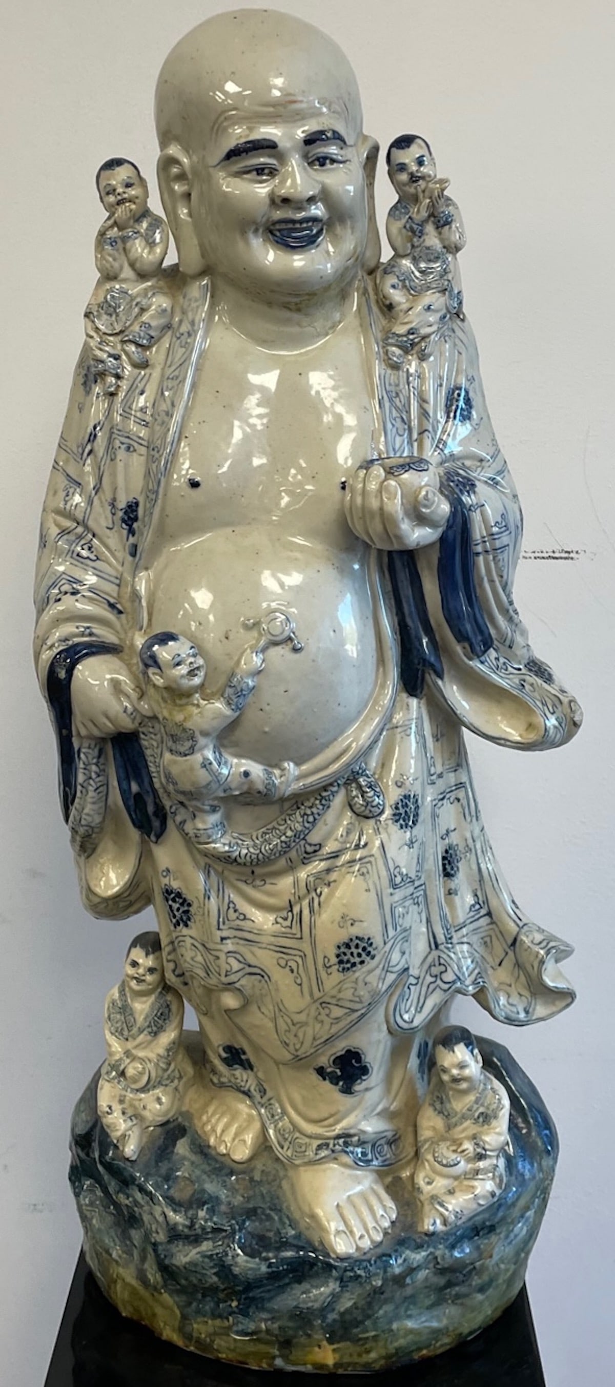 Antique tall Chinese Dehua laughing Buddha Blue/ white Statue (1 of 10)